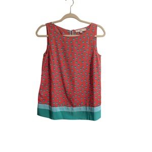LOFT Sleeveless Blouse Womens XS Coral Pink Blue Bird Print Colorblock Tie Back